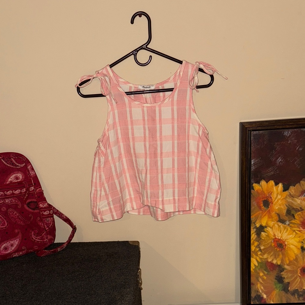 Madewell Petal Pink Plaid Tank With Shoulder Bows